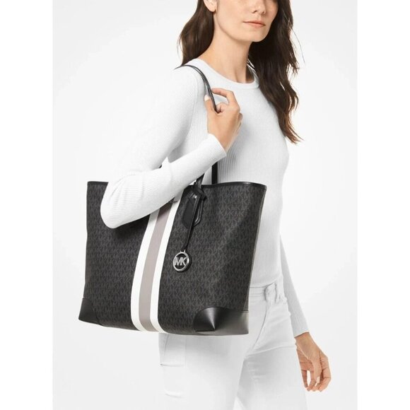 Michael Kors Eva Large Logo Stripe Tote Bag in Black White - Picture 3 of 16